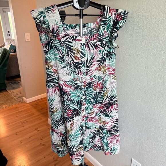 Beach Lunch Lounge Linen Cotton Blend Tropical Vacation Flutter Sleeve Dress L - Picture 1 of 4